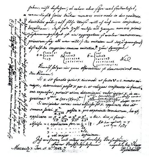 Fragmento de una carta de Golbach a Euler con el enunciado de su famosa conjetura.